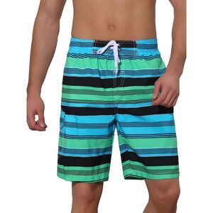 Men's Drawstring Stripes Printed Color Block Beach Pool Board Shorts Green